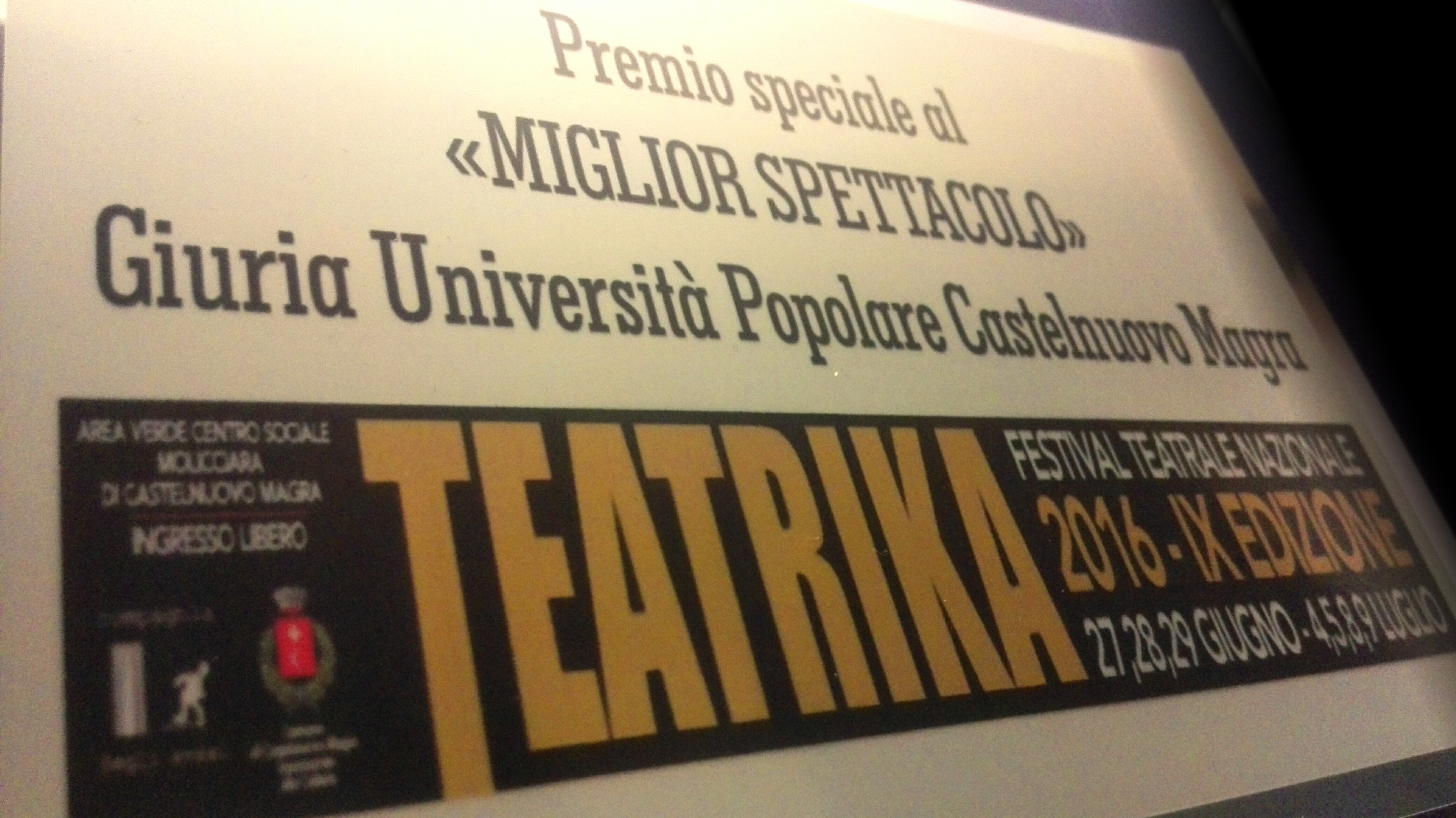 Premio miglior spettacolo per la giuria dell’università popolare al “Teatrika” di Castelnuovo Magra (SP) (Oh Dio mio!)