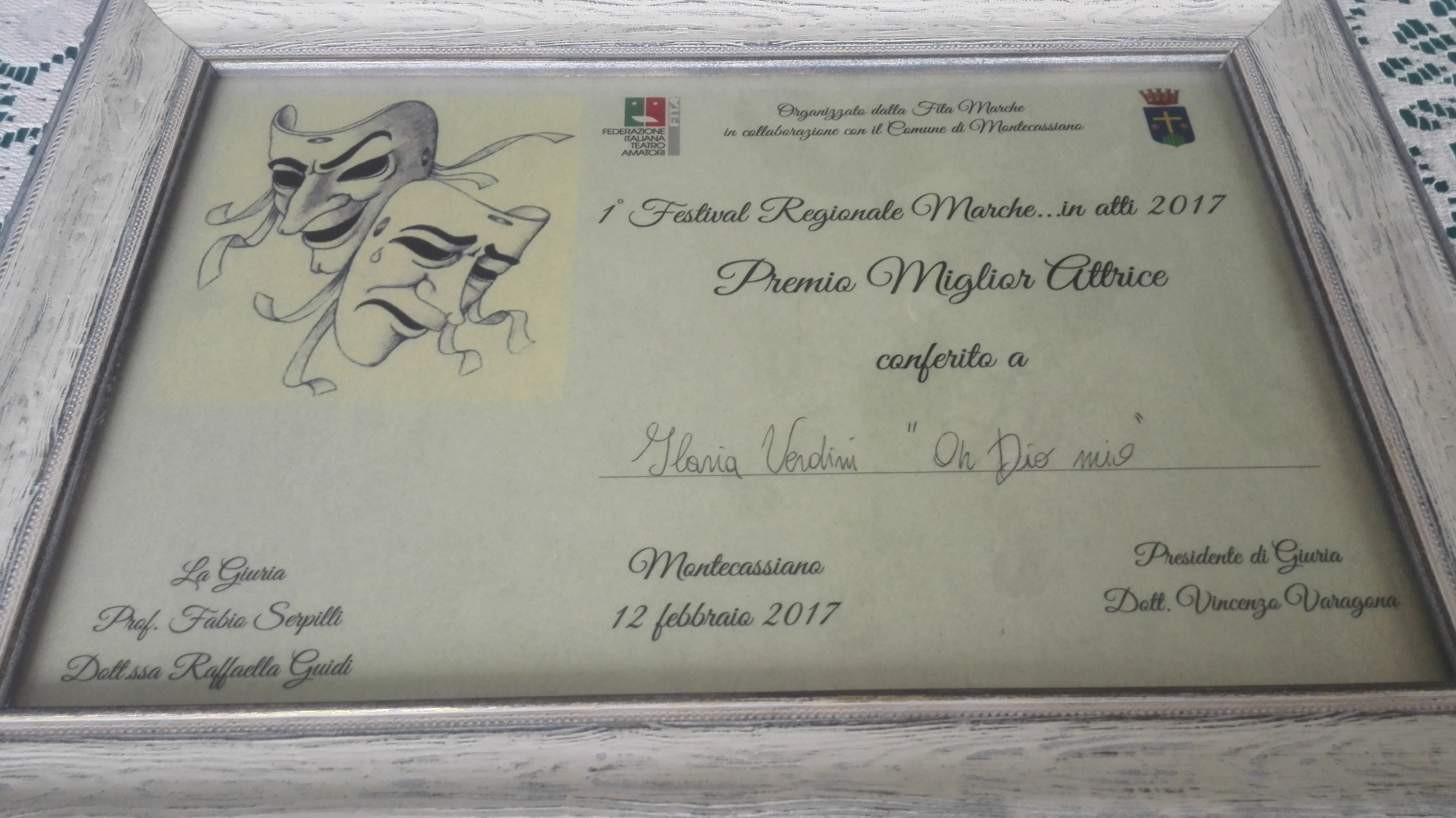 Premio miglior attrice protagonista (ex-aequo) al I Festival regionale Marche…in atti. (Oh Dio mio!)