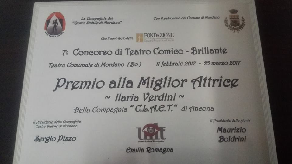 Miglior attrice protagonista al VII concorso di teatro Comico-Brillante Mordano (Bo) (Oh Dio mio)!