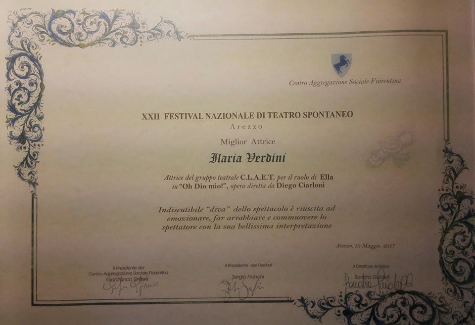 Premio miglior attrice protagonista al XXII Festival nazionale di teatro spontaneo di Arezzo (Oh Dio mio!)