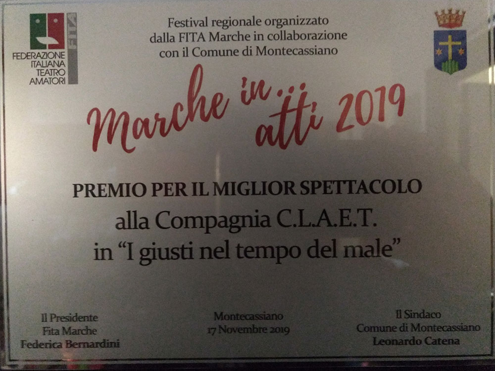 Premio miglior spettacolo al festival regionale “Marche in atti” di Montecassiano (MC)